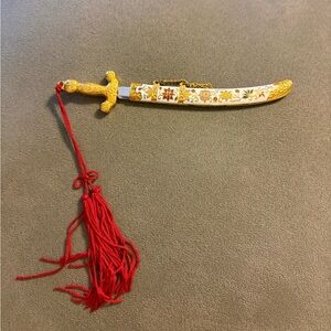 Vintage Sword & Sheath Ornate Letter Opener Enamel White Gold 5” Red Tassel